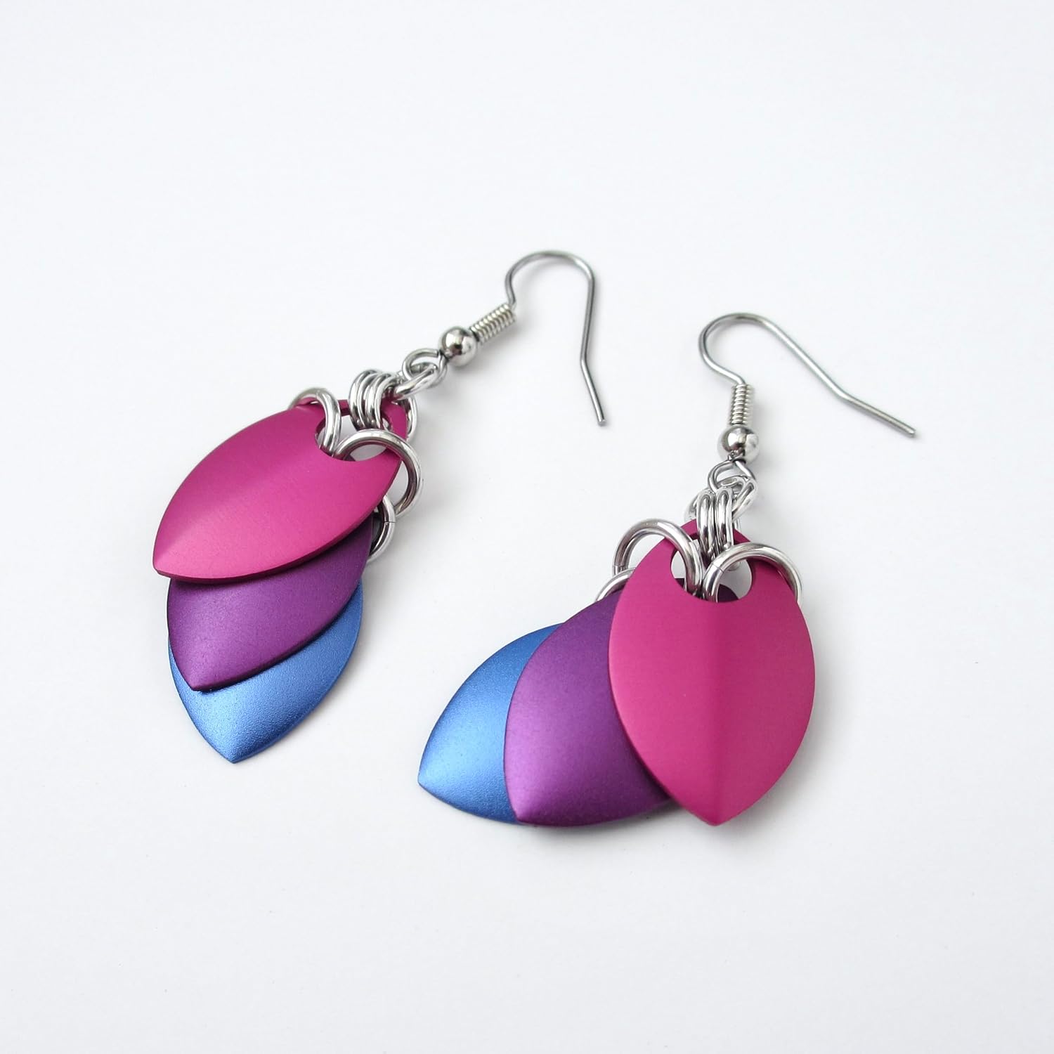Handmade Bi Pride Earrings – Chainmail Scales LGBTQ+ Jewelry in Bisexual Flag Colors – Choose French Hook or Lever Back