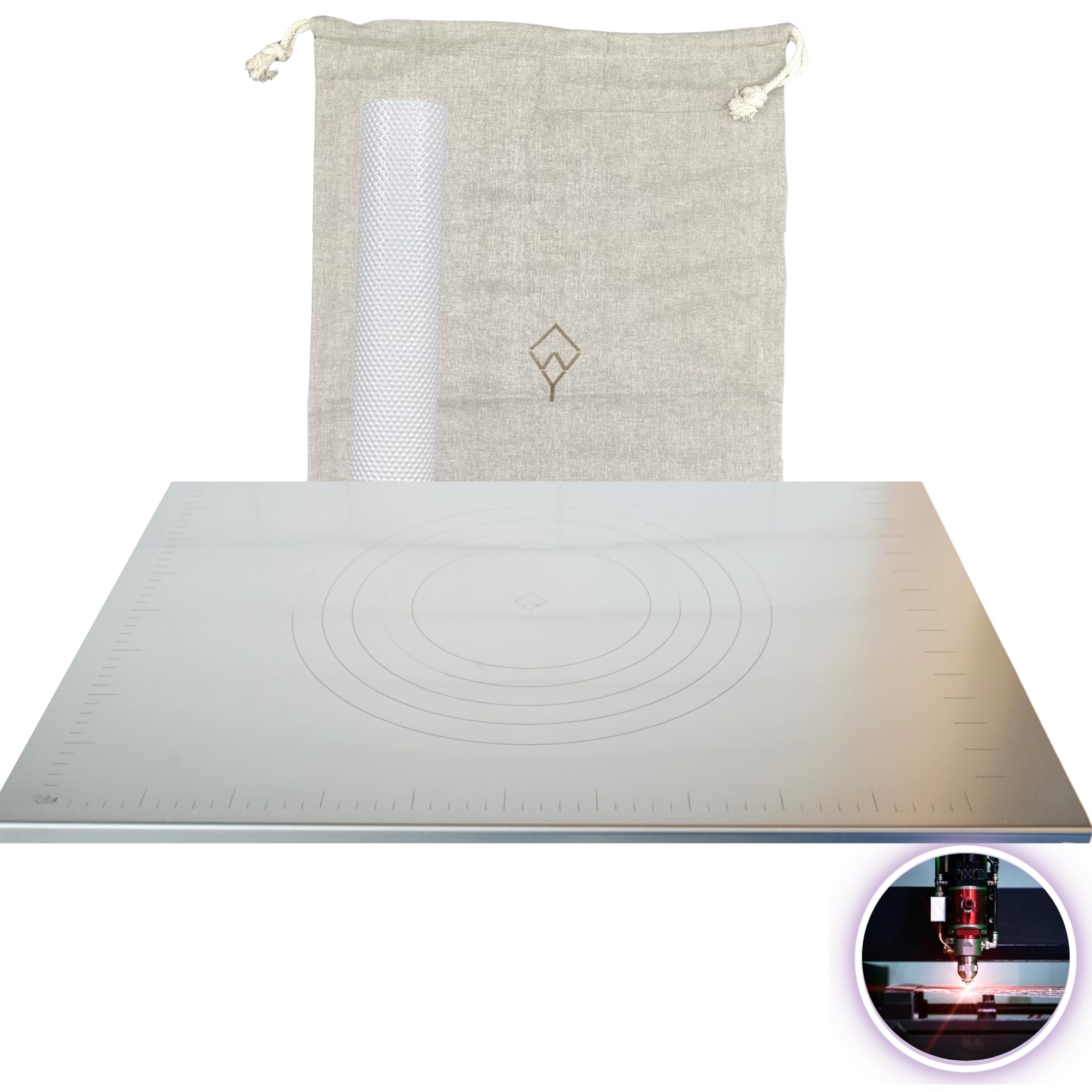Planche à pétrir en acier inoxydable, avec compteurs gravés au laser avec tapis antidérapant et sac double en coton écologique, sans lève-arrière, 75 x 46 cm, fabriquée en Italie