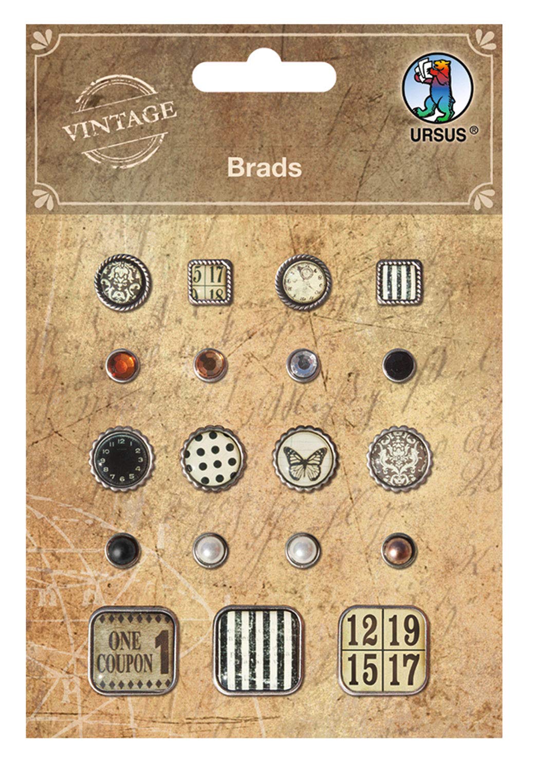 Ursus 40520002 Brads in Rustic Vintage Design, 19 Pieces in Various Colours, Shapes and Sizes, Colourful, One Size