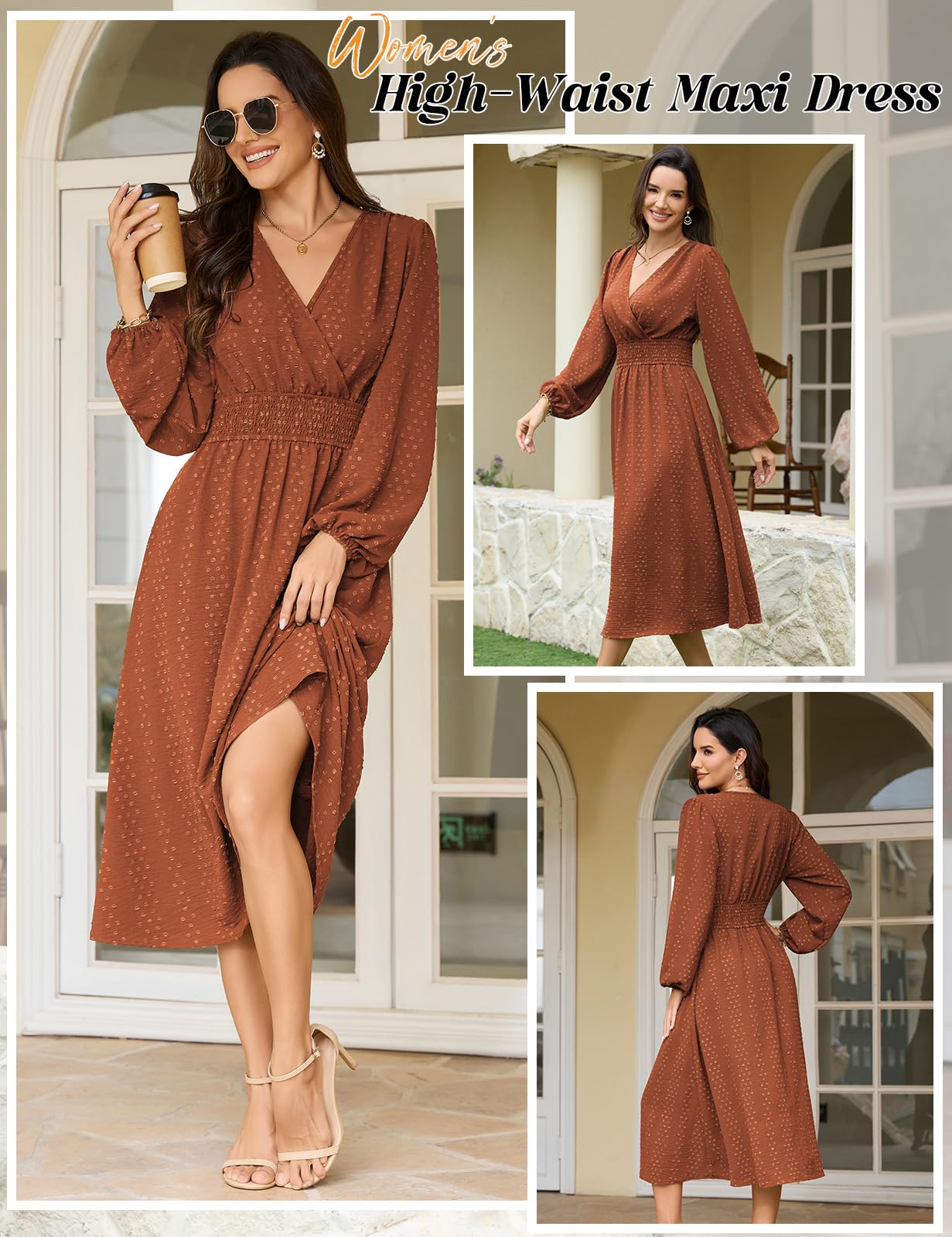 Robe Longue Femme Élégante Manches Longues | Col en V,Manches Lanterne,Taille Haute,Taille Élastique,Détail Pompons,Printemps,Automne,Hiver,Wrap,Bureau,Vacances