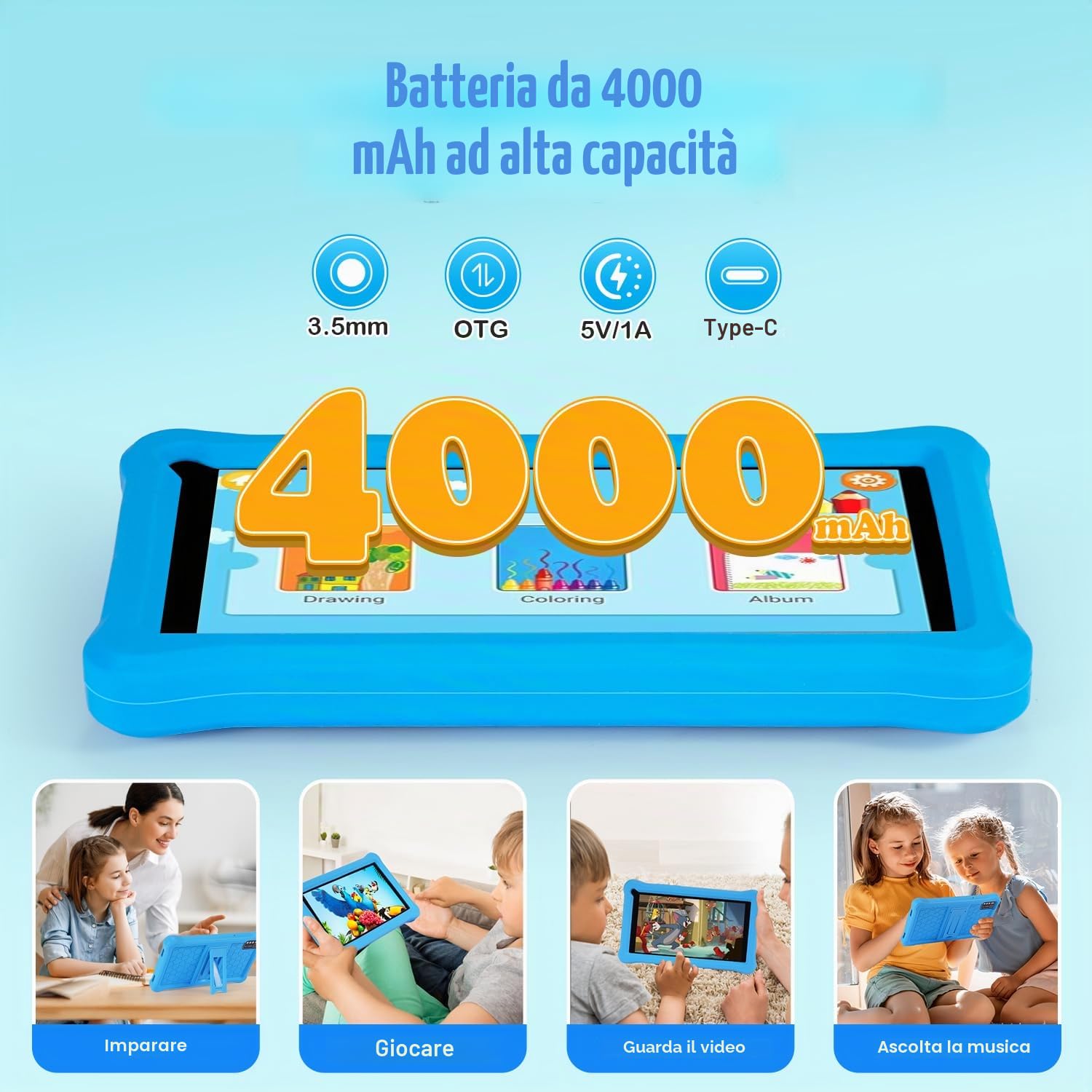 Tablet per bambini 7 pollici, Android 13, 8 GB RAM + 64 GB ROM (espandibile 256 GB), controllo genitori, schermo HD IPS, certificato GMS, Wi-Fi, tablet educativo bambini con custodia (blu)