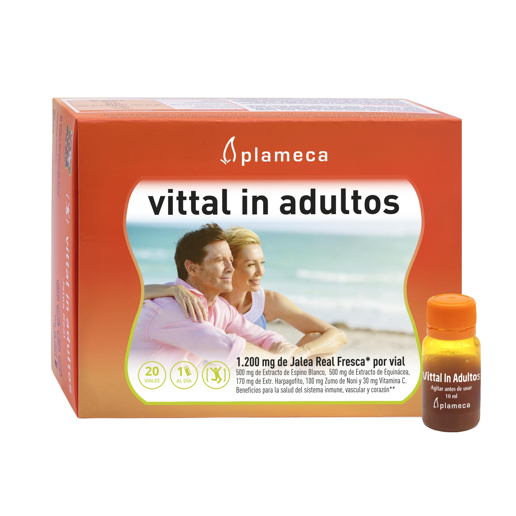 PLAMECA Vittal In Adultos, Jalea Real Defensas, Cansancio y fatiga, Espino Blanco y Jugo de Noni, 20 Viales de 10 ml