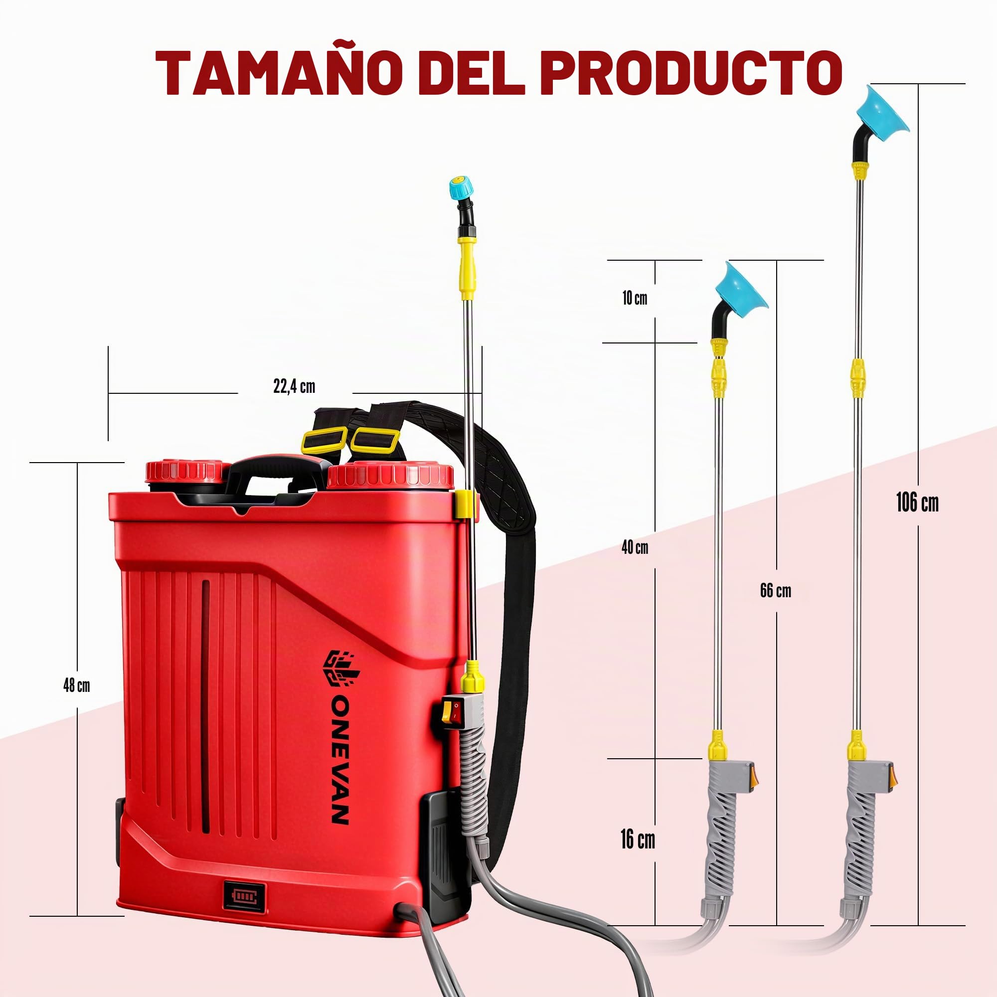ONEVAN Pulverizador Eléctrico 20L Función Mezcladora 2x3,0Ah y 5 Boquillas | 0-100PSI ajustable, varilla telescópica hasta 41", para 20 tanques, 5 boquillas, sistema de mezcla integrado muy eficiente
