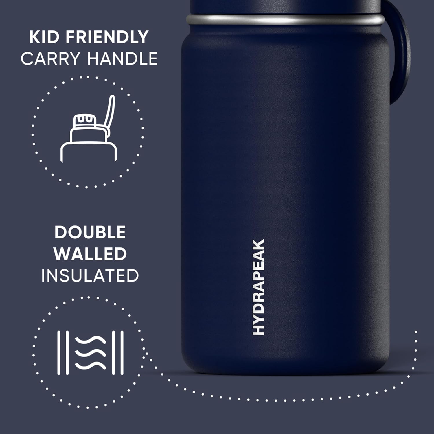 Hydrapeak Mini 14oz Water Bottle with Straw Lid, Stainless Steel Double Wall Insulated Water Bottle | Leak-Proof and Spill-Proof Water Bottle, 24 Hours Cold (Navy) - Image 3