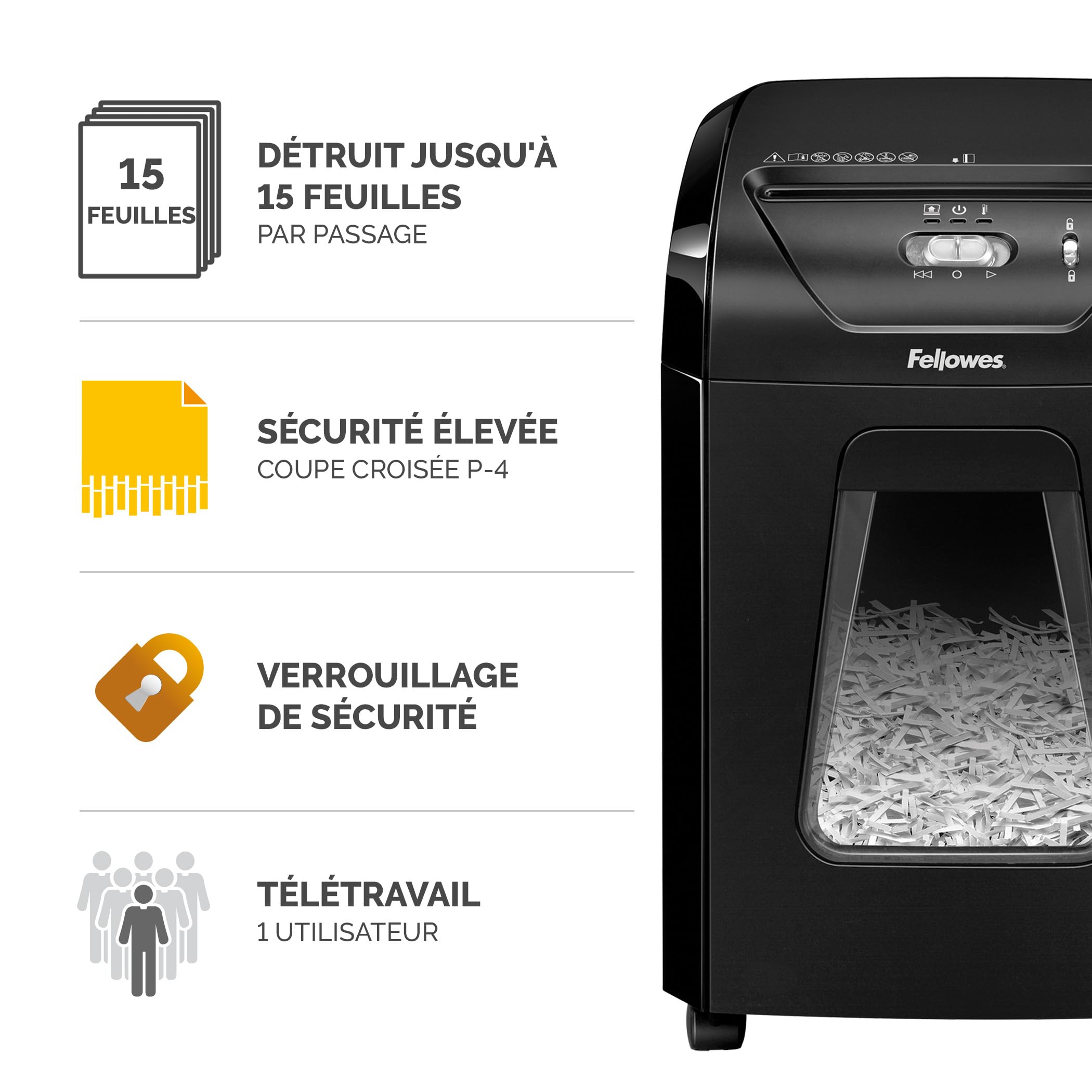 Fellowes FS-15C Destructeur de Documents Coupe Croisée 15 Feuilles P4 Bac 19L Noir