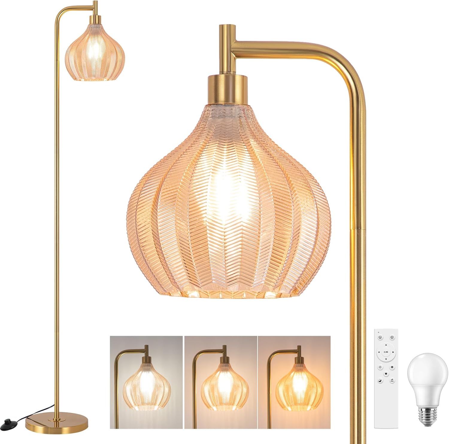 Gold Floor Lamp for Living Room, Modern Standing Lamp with Remote, Dimmable, 3CCT, Arc Tall Floor Lamp with Amber Glass Lampshade for Bedroom Study Room Office (Bulb Included)