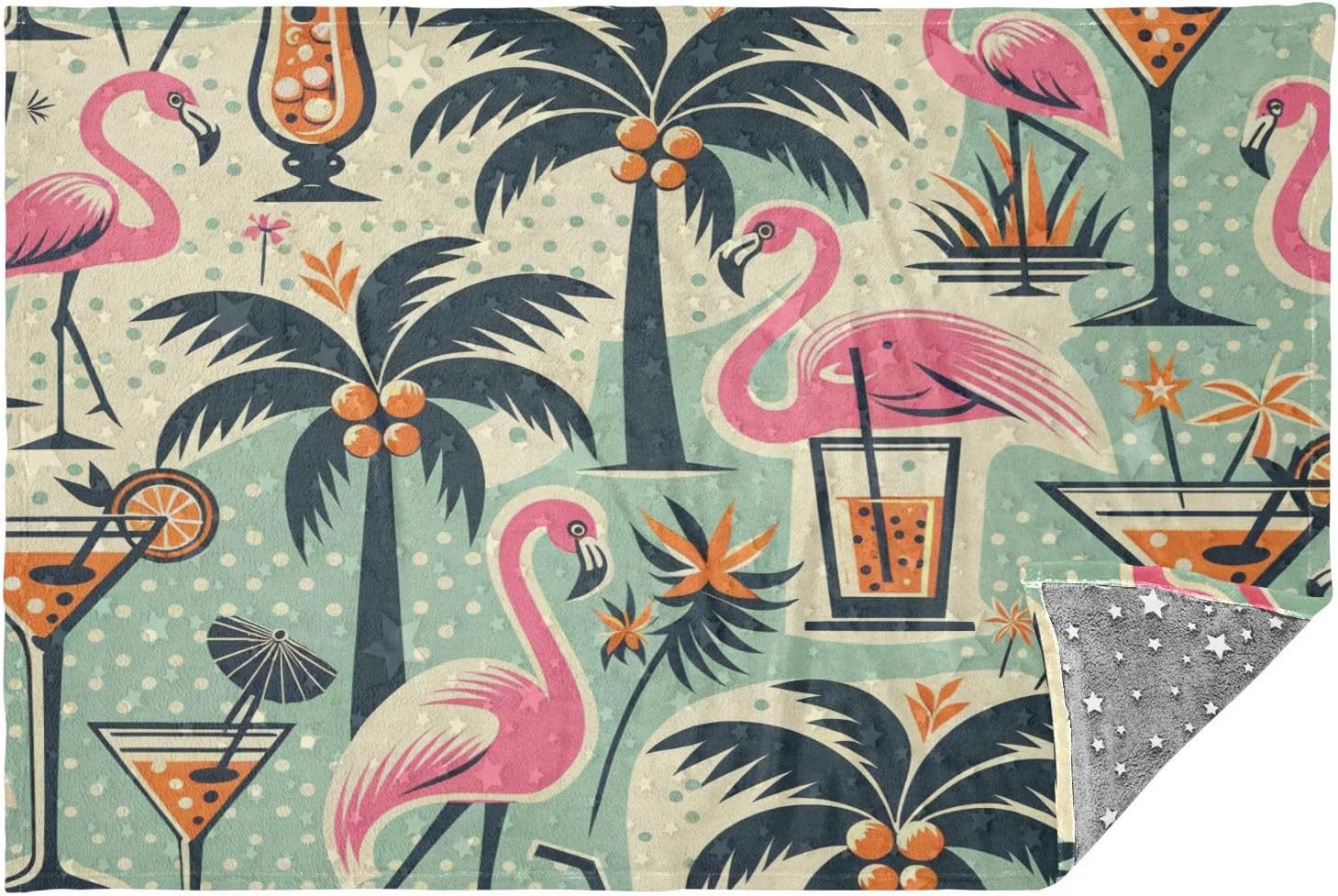 Tropical Trees Flamingos Drinks Travel Blanket Glowing in The Dark, Soft 2 in 1 Airplane Blanket 65" x 55", Foldable as Pillow, Luggage Sleeve & Backpack Clip