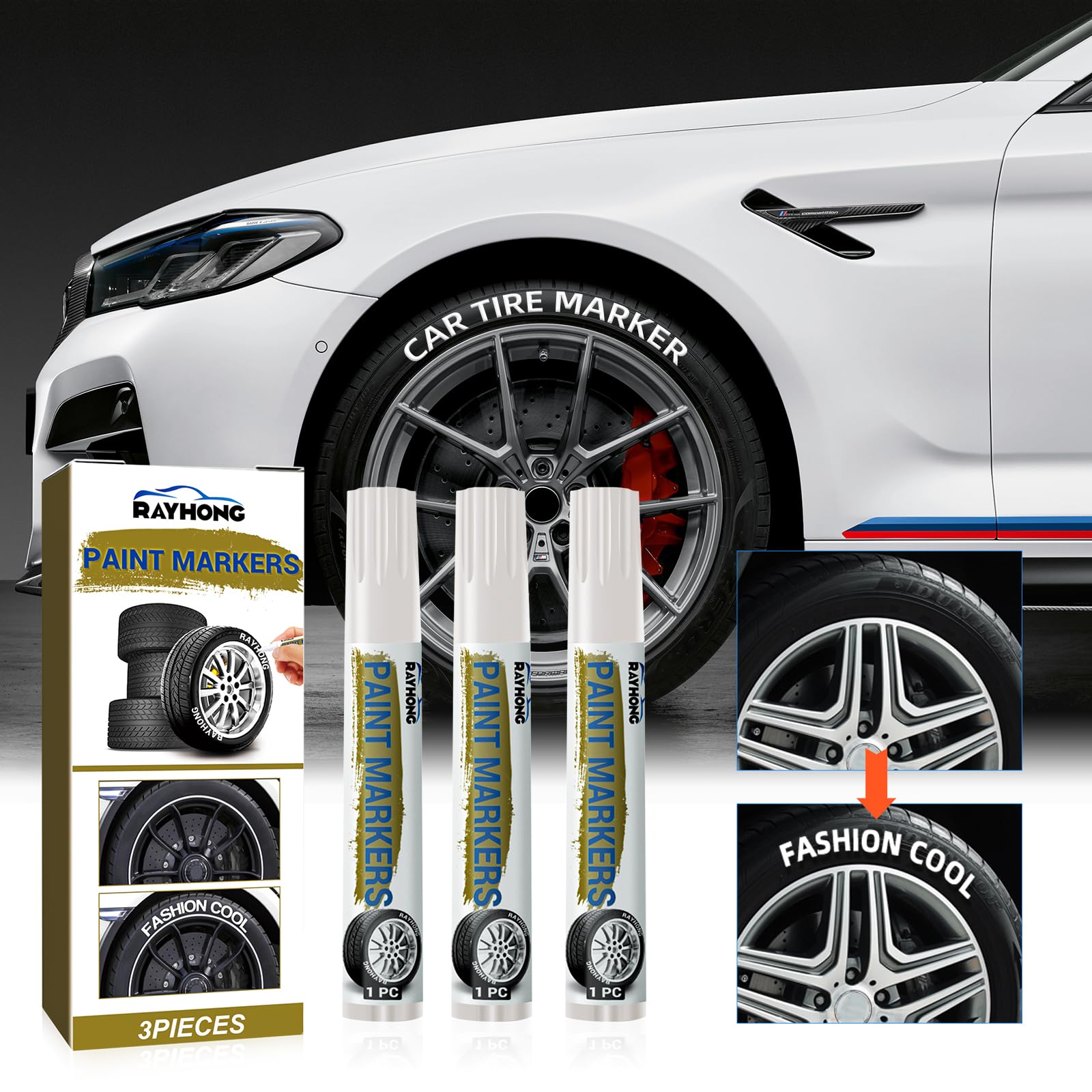 Lot de 3 Marqueurs de Pneus de Voiture, Marqueur blanc, Marqueur de couleur pour pneus de voiture et moto