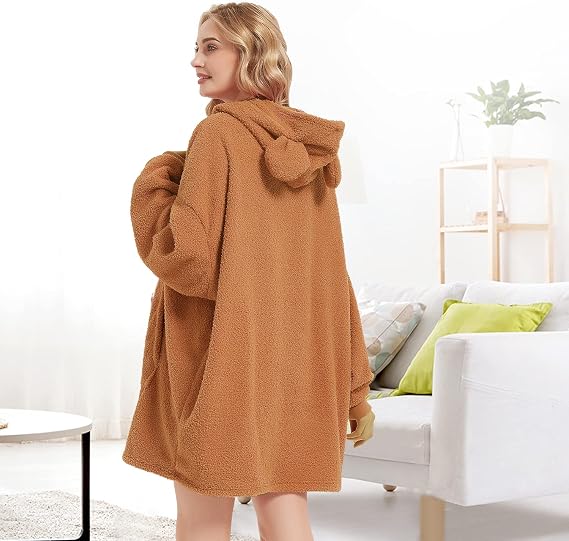 Giolshon Women's Bear Ear Hooded Sherpa Oversized Jacket - Longline Pullover Outerwear with Pocket Detail