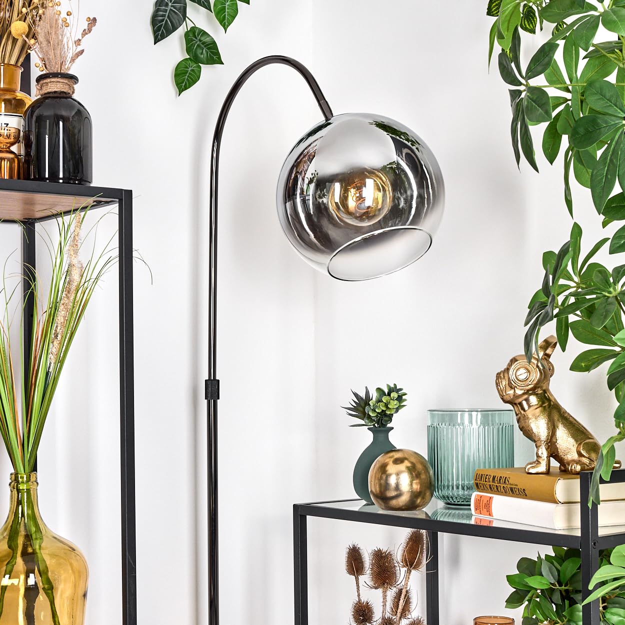 HOFSTEIN Stehleuchte Koyoto, Stehlampe aus Metall/Glas in Schwarz/Chrom/Rauch/Klar, verstellbare Leuchte im Retro/Vintage-Design, Ø 25 cm, Fußschalter, 140 cm, E27, Wohnzimmer, Schlafzimmer, Flur