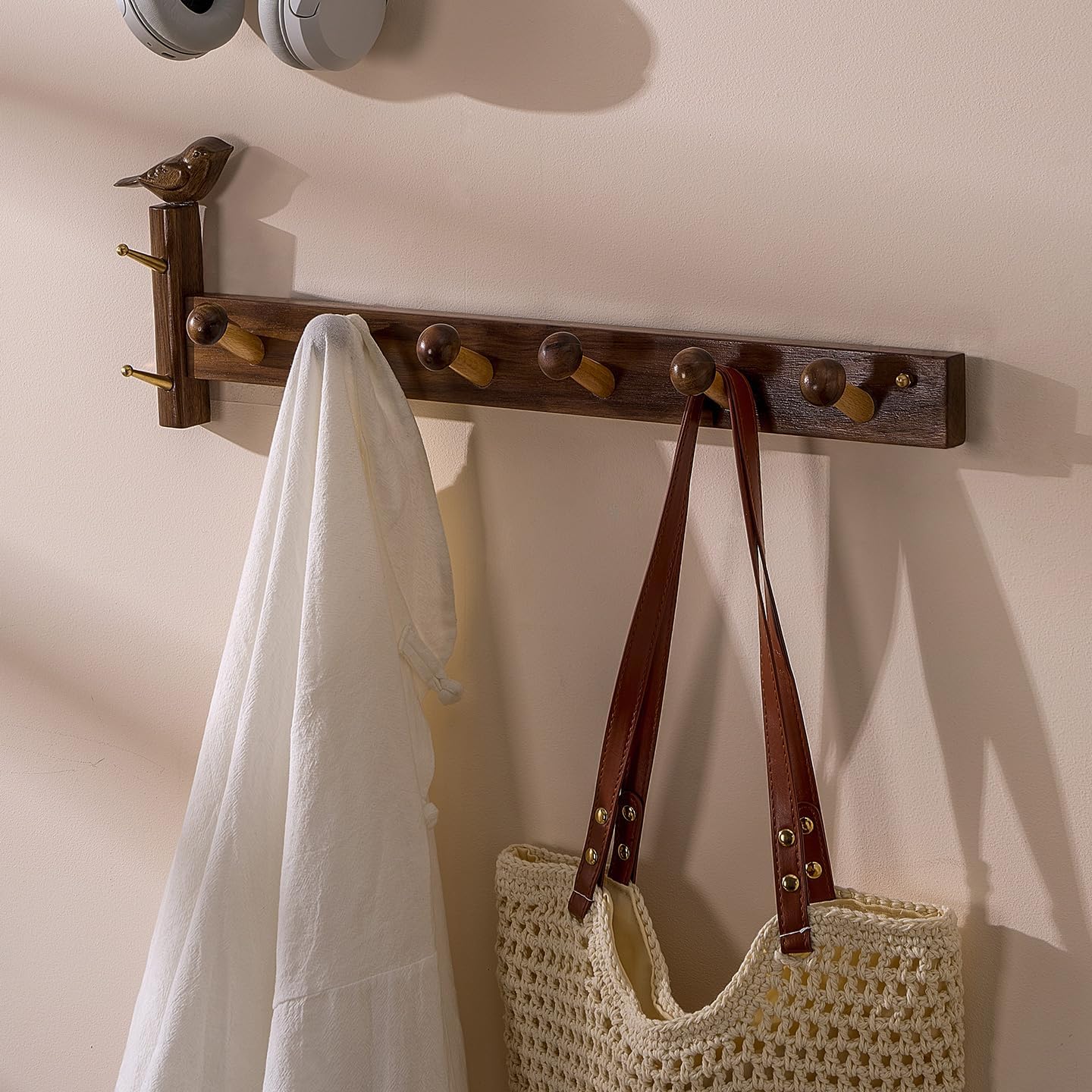 Coat Rack Made of Beech and Walnut Wood for Hanging Clothes, Keys, Towels and Hats. Coat Hooks Designed in The Shape of Carved Birds and mushrooms24.61x6.3x2.75 Inches(8hooks)