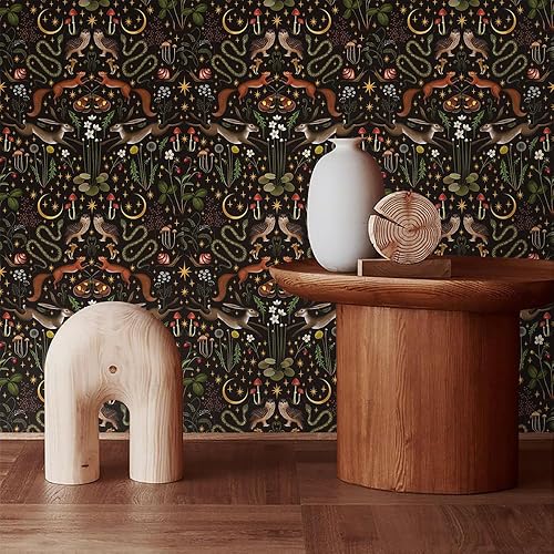 Miniatura 3 de Papel tapiz adhesivo de 18 x 236 pulgadas, diseño de animales del bosque negro, fácil de despegar, vinilo vintage, autoadhesivo, extraíble, para