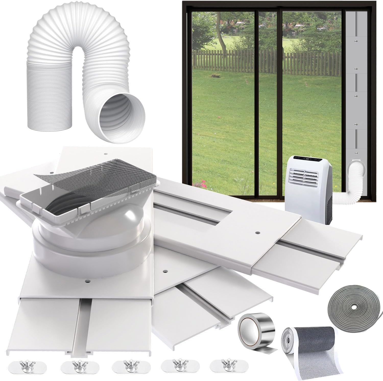 95"Sliding Door AC Vent Kit with Φ 5.1"Extendable Hose Screen net & Weather Stripping Universal 5.0/5.9 Inches Coupler for Sliding Glass/Window Portable AC Energy Saving Airtight Seal System