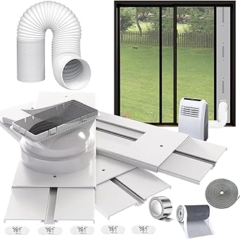 95"Sliding Door AC Vent Kit with 5.1"Extendable Hose Screen net & Weather Stripping Universal 5.0/5.9 Inches Coupler for Sliding Glass/Window Portable AC Energy Saving Airtight Seal System