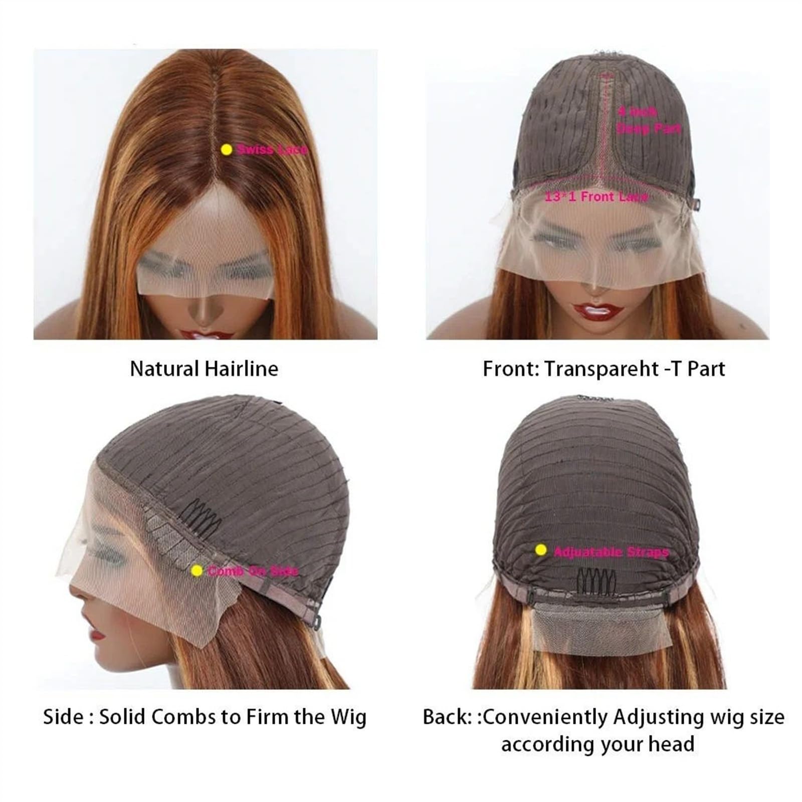 Perücken Highlight Lace-Front-Perücke, Echthaar, 4/27 Ombre, glattes Haar, Spitzenperücke, 13 x 4 x 1, T-Teil, Lace-Frontal-Perücken, brasilianisches Remy, vorgezupft, mit Babyhaar Frauen Perücke (Si