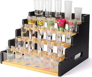 Acrylic Baffle Display Rack 5-Tier Shot Glass Display Rack, Holds 35 Glasses, Tiered Spice & Toy Figure Storage, Ideal for Kitchen, Home Bar & Man Cave