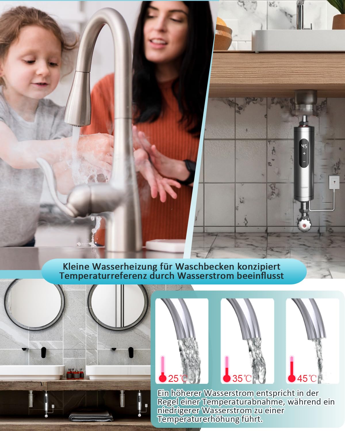 Mini Durchlauferhitzer für Waschbecken, Edelstahl Durchlauferhitzer Klein On-Demand Kleine Belüftete Unterspülen Wasserheizer, Kompakter Kleiner Durchlauferhitzer für Küche, Bad(Unter Waschbecken)