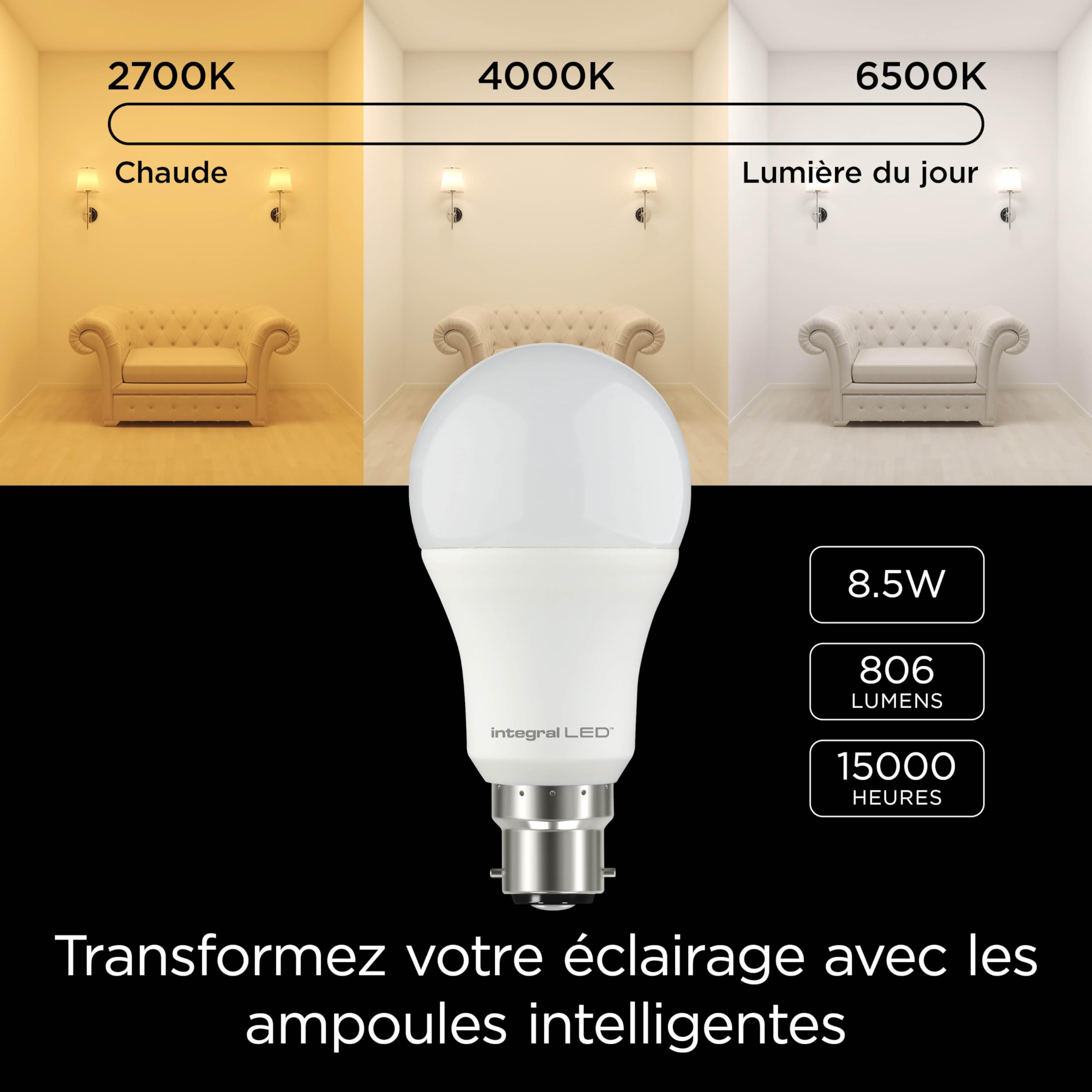 Integral LED smarte, dimmbare GLS-B22-WLAN-Glühbirne mit Farbwechsel | 8,5 W | 806 lm | Warm-, kalt- und tageslichtweiß anpassbar (2700-6500 K) | App-gesteuert, Alexa und Google Home | 4er-Pack