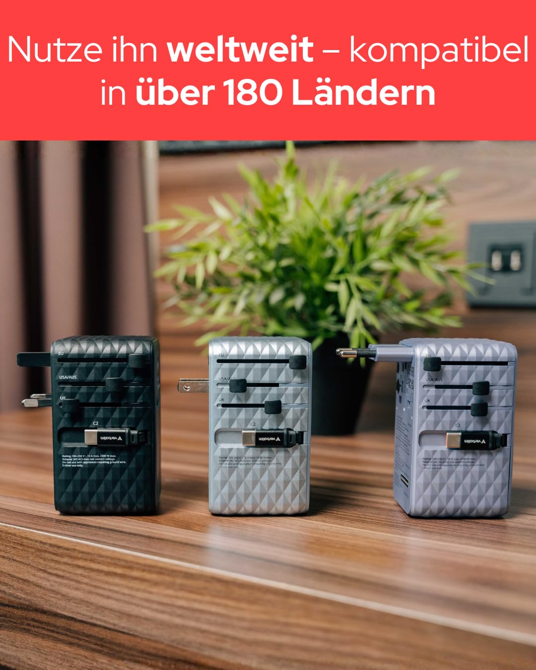 Verbatim GaN - Adattatore da viaggio 70 W, blu, con 2 cavi integrati e USB-C, USB-A, 2 connettori USA/JP, caricatore rapido universale per laptop, smartphone e molto altro ancora, utilizzabile in