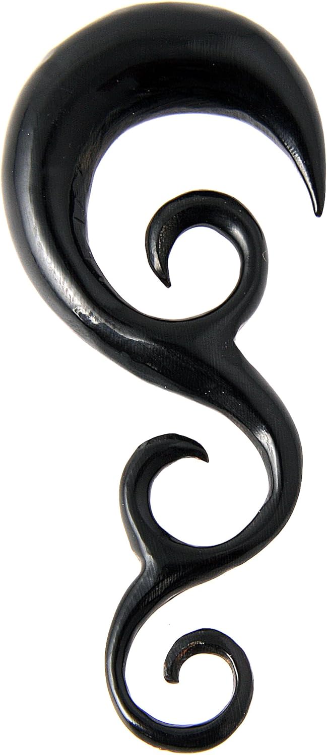 6g Hand Carved Organic Filigree, Spiral, Tribal Floral Black Piercing Earring Horn Plug - Sold as Pair- 4mm