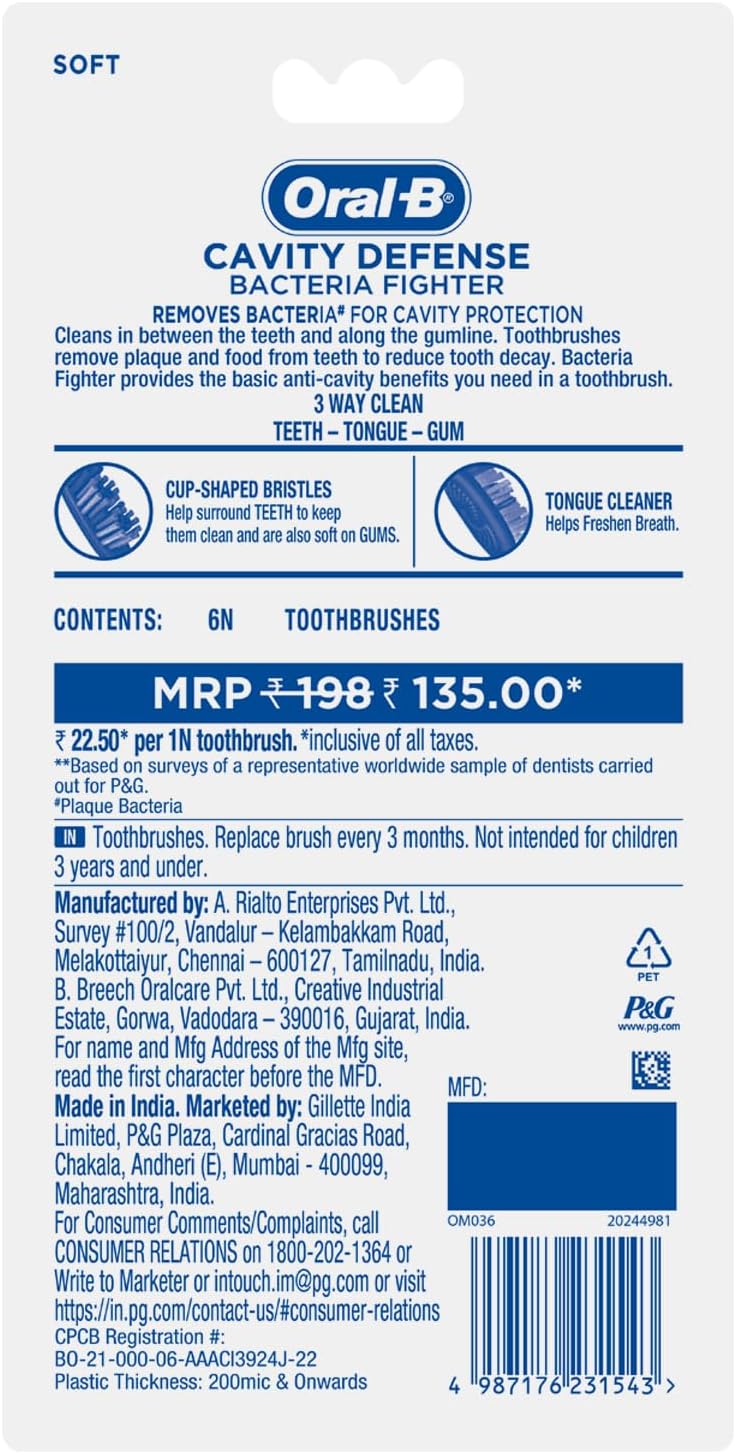 Oral-B Cavity Defense Bacteria Fighter Manual Toothbrush for Men, Women, Adults – 6 Pieces, Soft