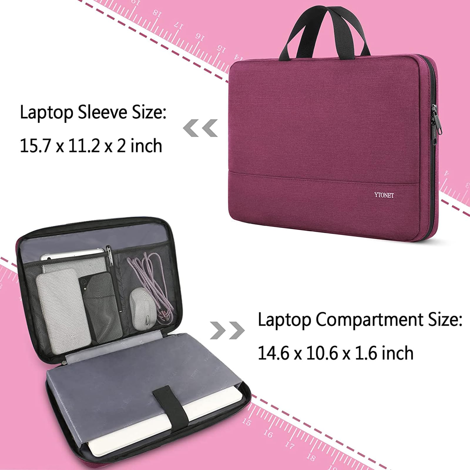 Ytonet Laptop Case 15.6 Inch, TSA Friendly Laptop Sleeve Cover with Handle for Women, Protective Slim Computer Carrying Case Compatible with HP Dell Lenovo Asus Notebooks, Purple Red