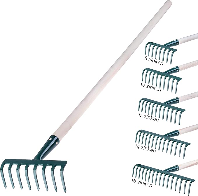 Rechen realizzato in metallo, rastrello piatto con gambo in legno, scope a foglia per giardino, letto, ginocchia, rastrello da prato, verde, unità da giardino, eurechen, utensile da giardino(14 denti