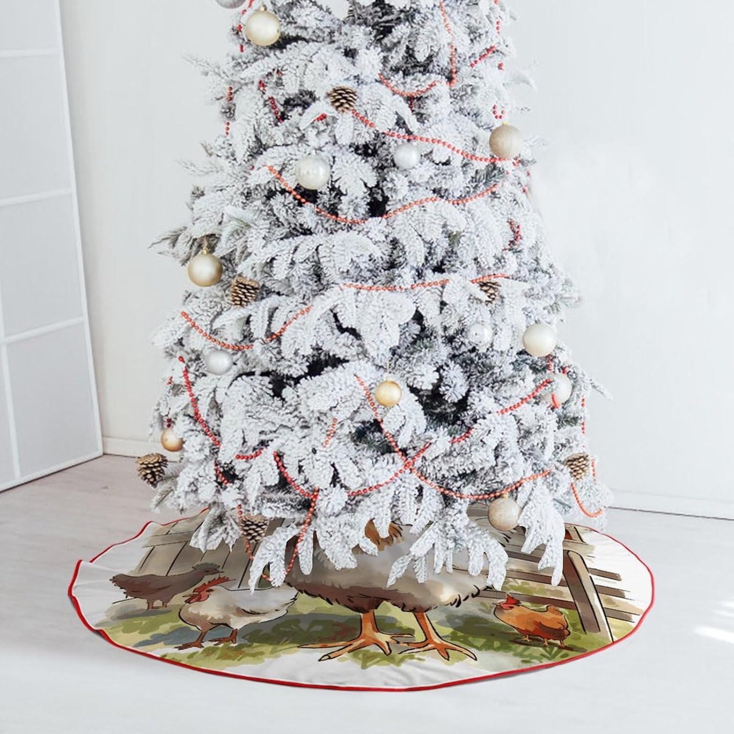 Christmas Tree Skirt,for Xmas Tree Holiday Party Decorations Farm Animals Printed Christmas Tree Mat Red Lace-up Christmas Tree Dress