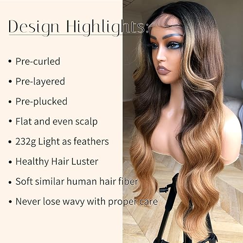 Miniatura 3 de BlackSwern Peluca de encaje frontal ombré, peluca ondulada con reflejos ombré, preestilizada, preestilizada, sin pegamento, para mujeres negras,