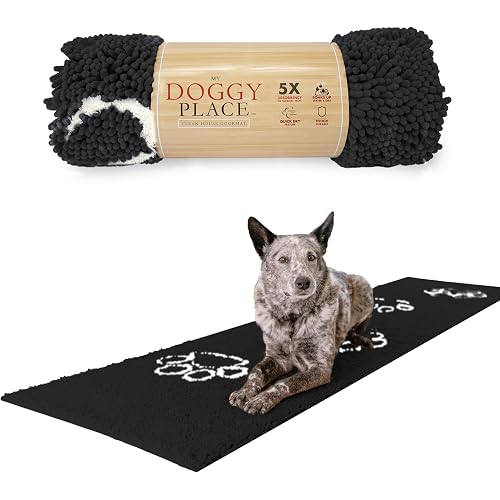 My Doggy Place Microfiber Dog Mat for Muddy Paws, 8' x 2' Charcoal with Paw Print - Non-Slip, Absorbent and Quick-Drying Dog Paw Cleaning Mat, Washer and Dryer Safe - Hallway Runner