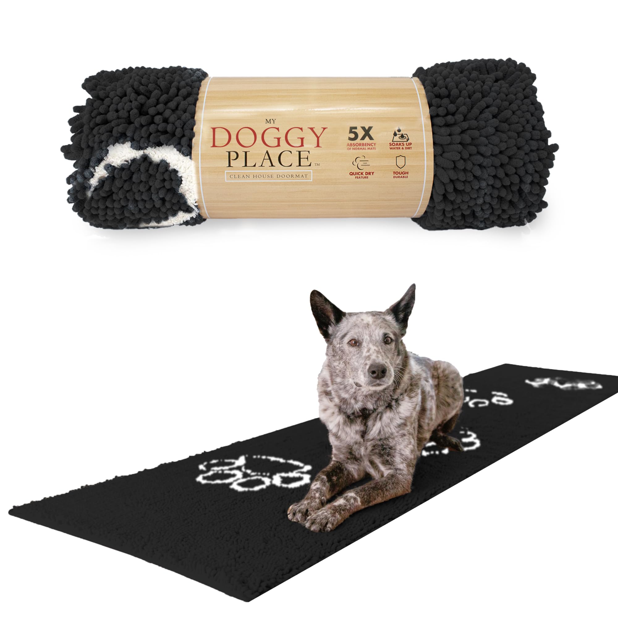 My Doggy Place Microfiber Dog Mat for Muddy Paws, 8' x 2' Charcoal with Paw Print - Non-Slip, Absorbent and Quick-Drying Dog Paw Cleaning Mat, Washer and Dryer Safe - Hallway Runner