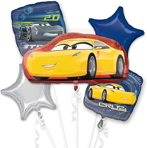 Amscan Ramo de globos de Mylar de Cars 3 Cruz/Jackson, 5 unidades, color rojo, azul, amarillo, forma redonda, autosellado, Disney Cars 3, para