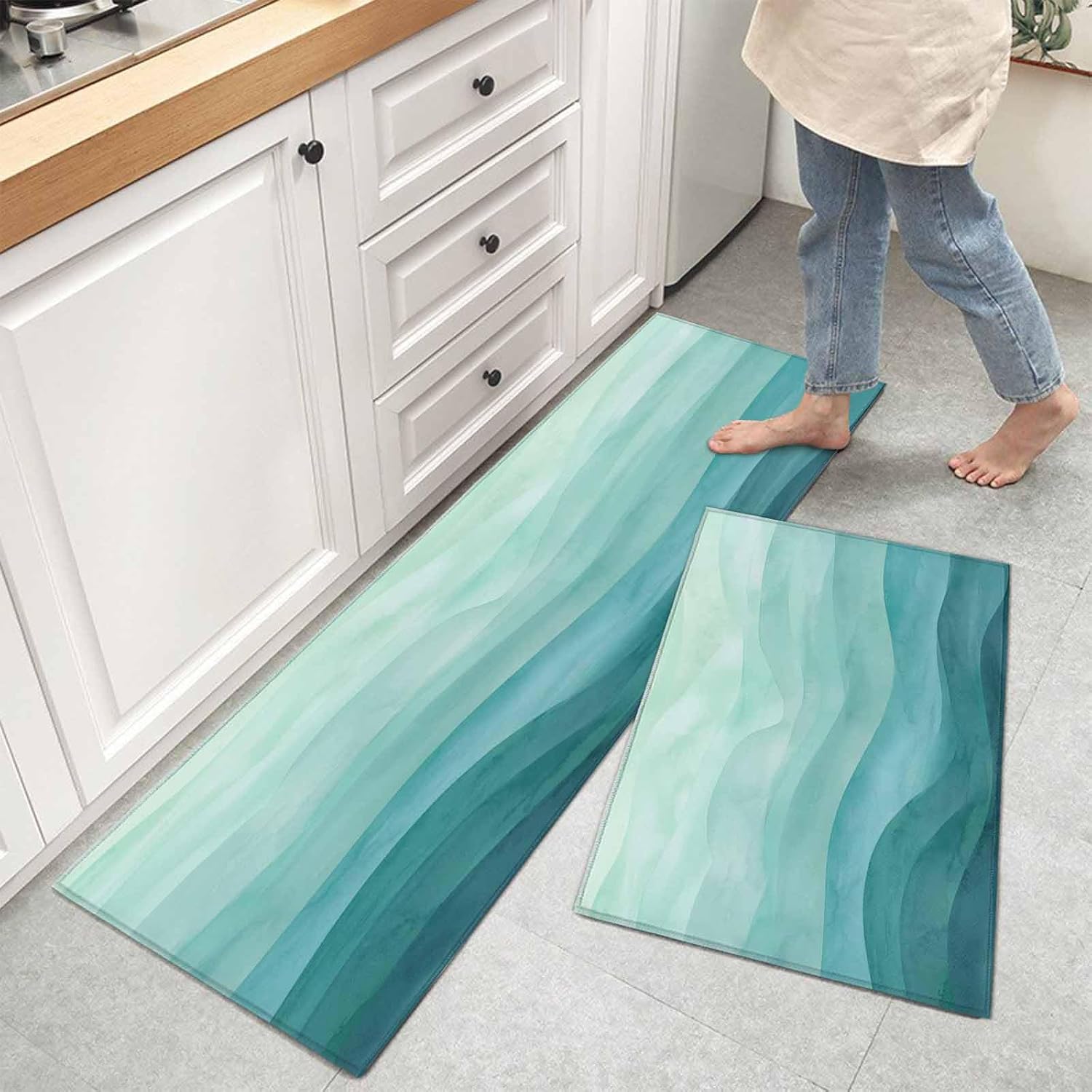 Kitchen Mats for Floor Abstract Teal Ombre Beach Texture Washable Non Slip Kitchen Rugs 2PCS, Ocean Wave Water Ripple Absorbent Standing Mats for Sink Office Living Room 15.7x23.6in+15.7x47.2in