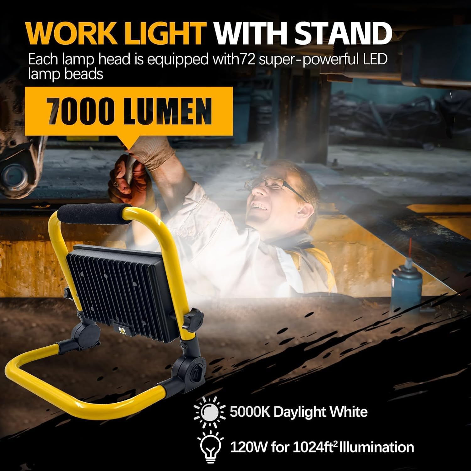 7000LM LED Work Light 5ft Cord with Plug,with Individual Switch.Portable,IP66 Waterproof with a stand.For camping,garage, car repair, workshop and job sites.Great for replacing old halogen work lights