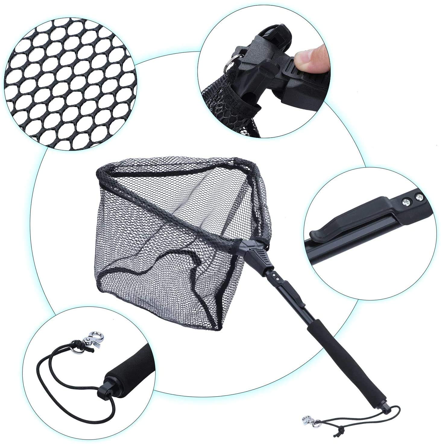 Sougayilang Fischkescher, Fischkescher, faltbar, zusammenklappbar, Teleskopstange, strapazierfähiges Nylon-Material, sicheres Fangen oder Freilassen von Fischen