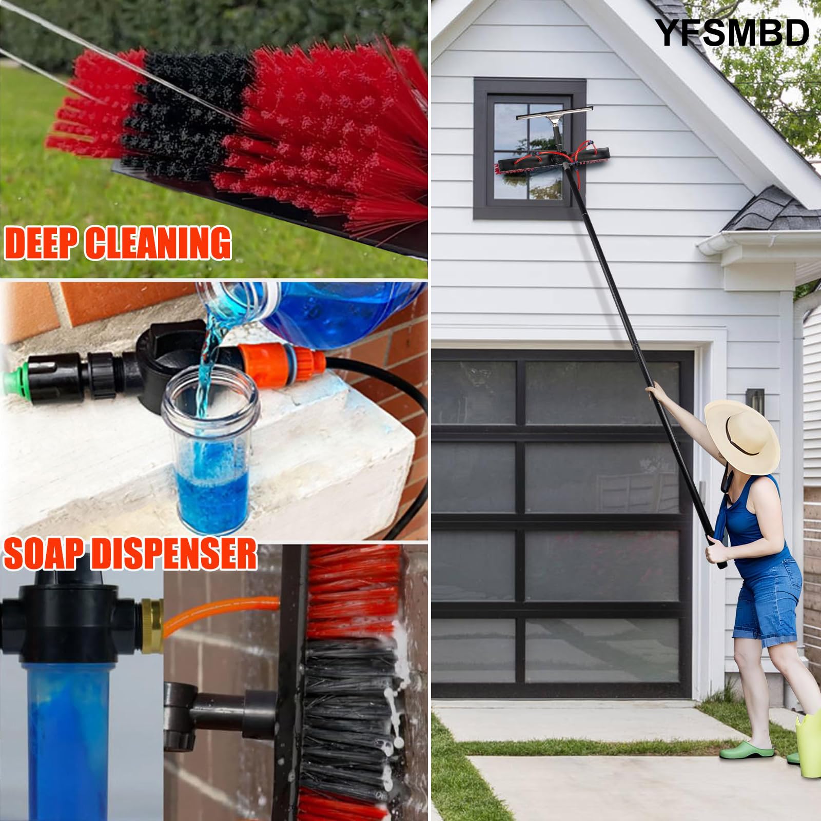 Cepillo Telescópico Limpieza 3-20 Metros, Pértiga de Limpieza con Conexión de Agua, Dosificador de Jabón, Limpiacristales & 20m Manguera para Placas Solares, Tejados y Terrazas (55cm Cepillo,5m)