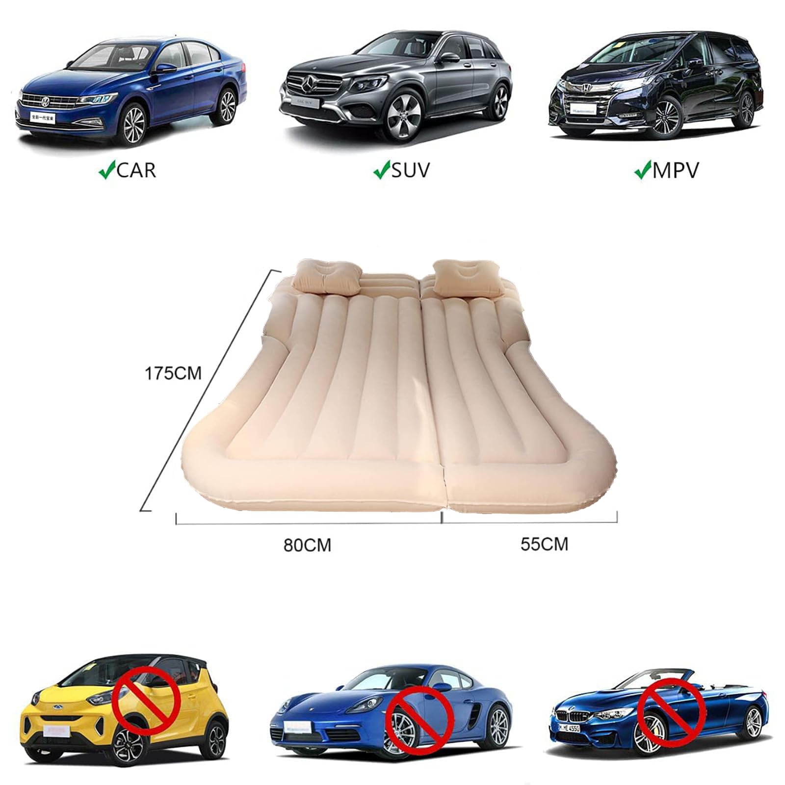 Letto Gonfiabile per Auto per Jeep Compass Cherokee Renegade Grand Cherokee Wrangler, Superficie in PVC Floccato Materasso per Auto Portatile Materasso da Viaggio Accessori,Beige