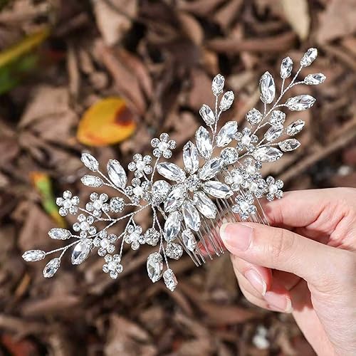 Unsutuo Crystal Bride Wedding Hair Comb Silver Rhinestone Flower Bridal