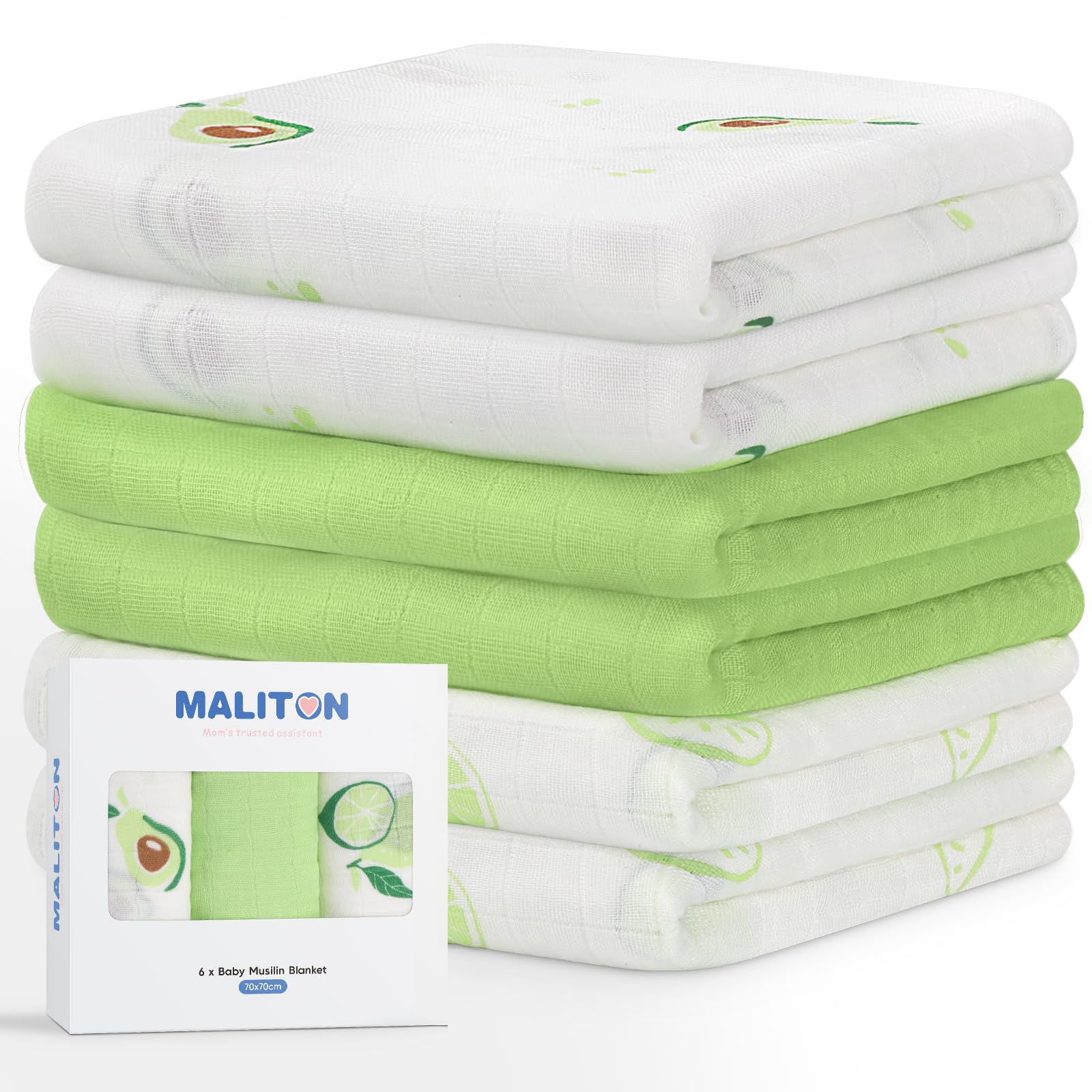Maliton 6 Stück Baby Spucktücher Moltontücher aus Baumwolle, 70x70cm - Weiche & saugfähige Mullwindeln für Neugeborene | Atmungsaktive Musselintücher | Zum Reinigen, Abwischen, Abdecken