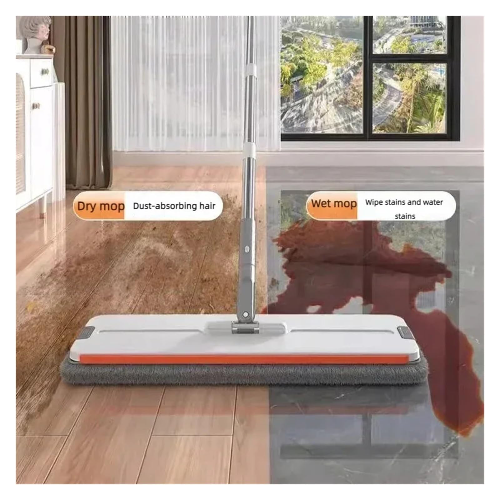 Fregona giratoria de 360 ​​grados con manos libres, sistema de limpieza de pisos planos de 33 cm con cubo, herramienta de limpieza fácil de microfibra lavable for el hogar(Bucket-mop-2 cloth)