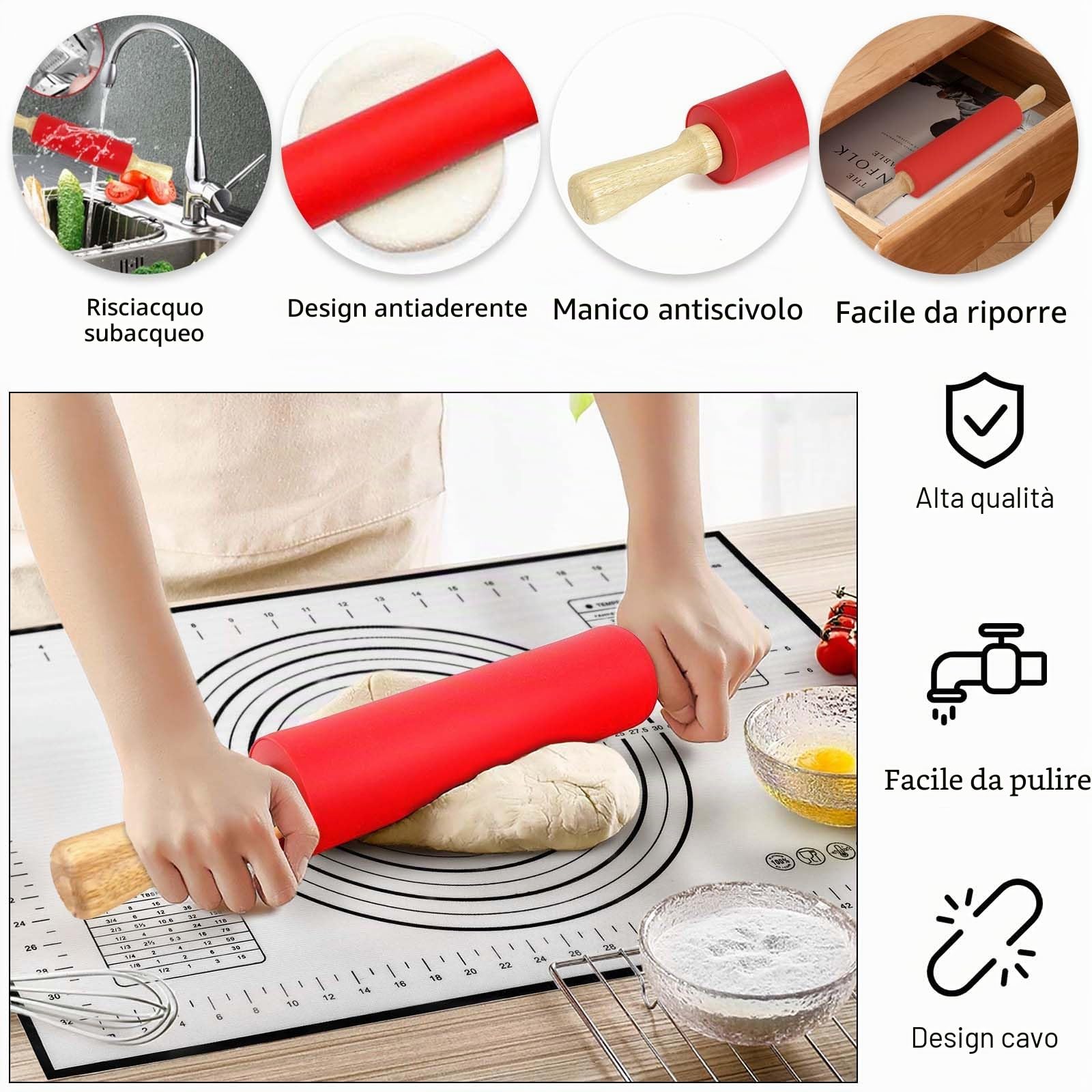 BOCHION Mattarello Antiaderente in Silicone, Mattarello con Manici in Legno, con Tappetino da Forno in Silicone, Mattarelli Acciaio Inox per Pasta, Pizza, Biscotti, Pasticceria, Fondente (43cm)
