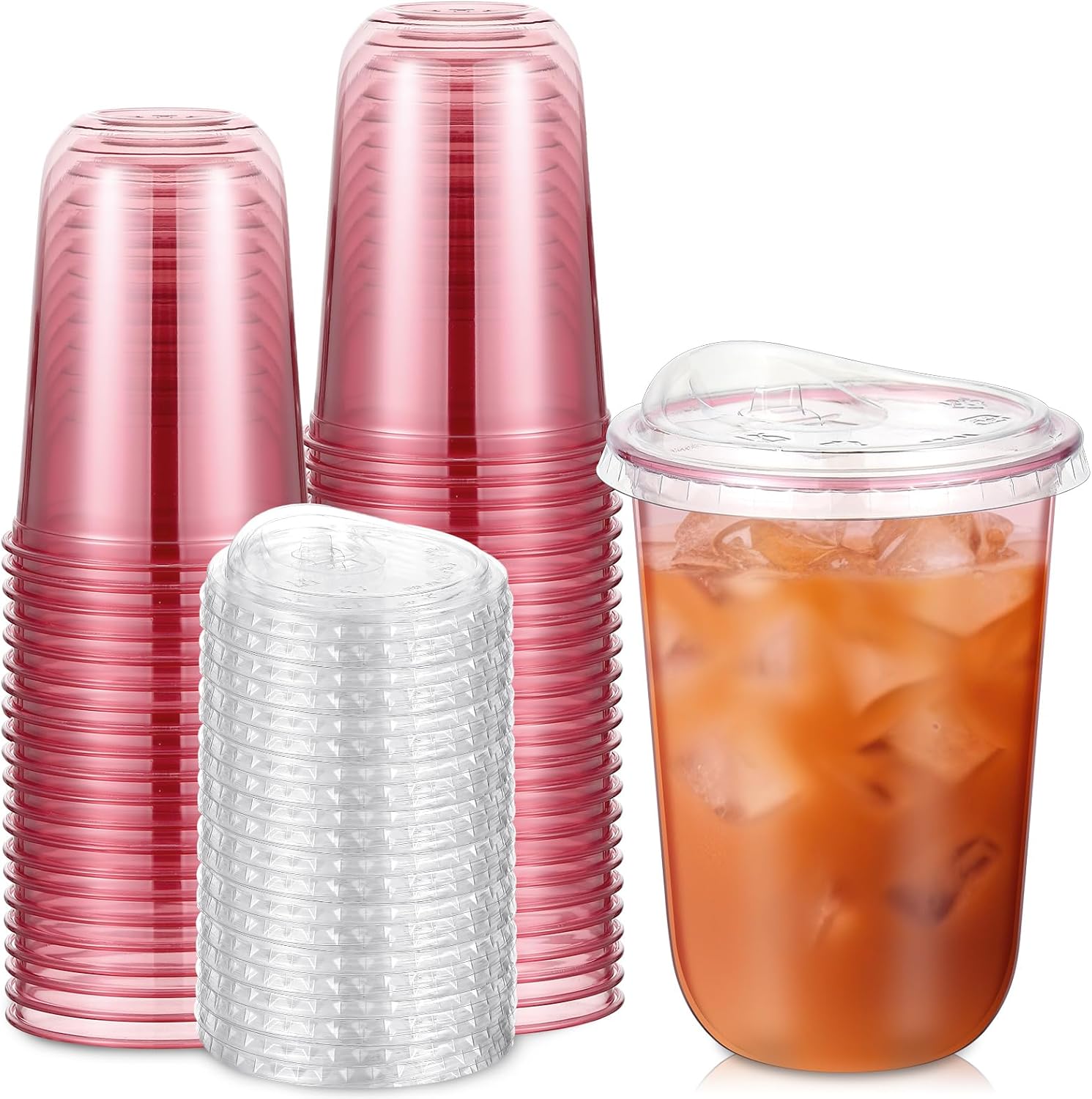 LemonRoad 50 Sets Plastic Cups with Strawless Sip Lids, Thickened Round Bottom PET Disposable Clear Cups for Iced Coffee Smoothie Cold Beverage Coffee Shops and Party Catering(Pink,16 oz)