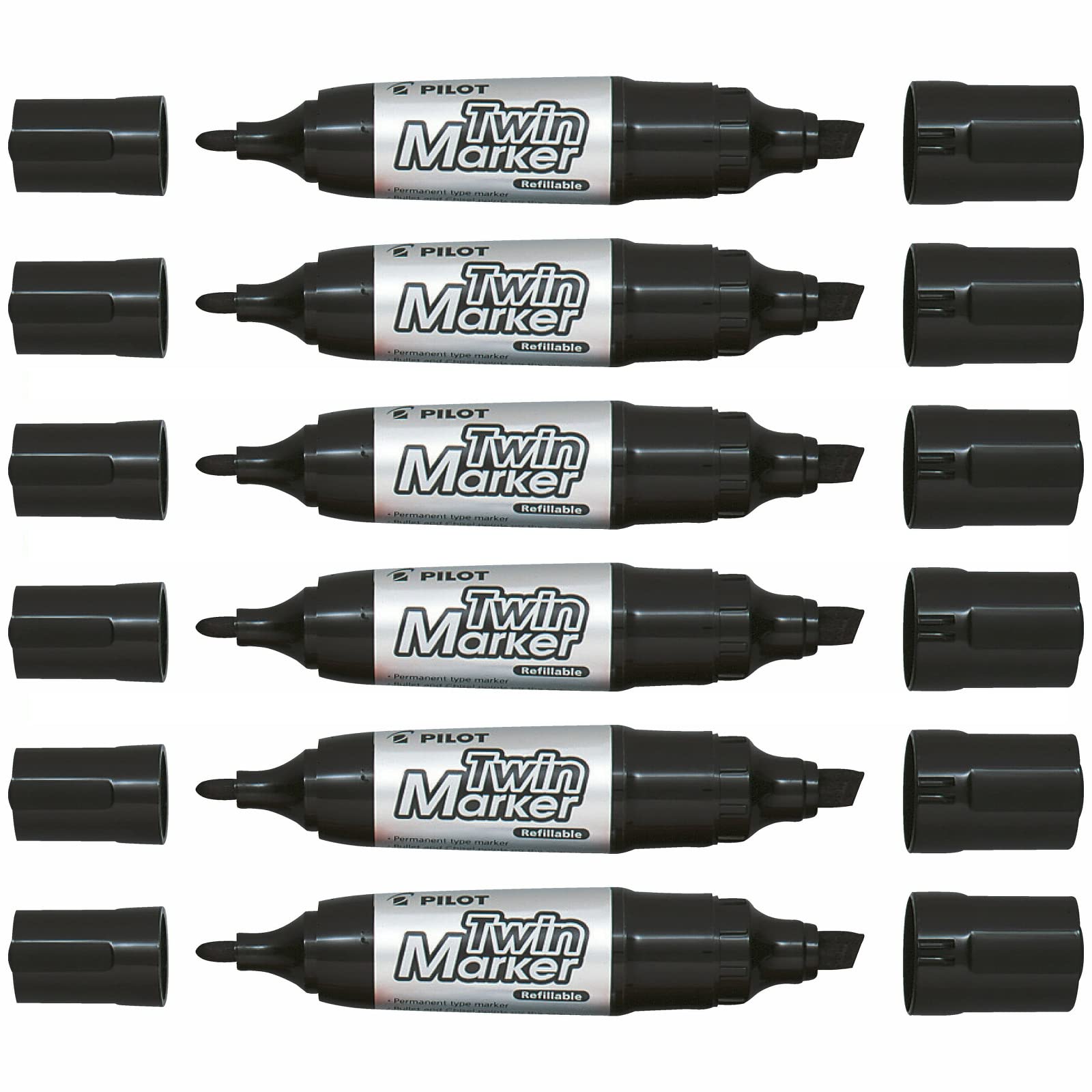 Pilot Twin Jumbo Permanent Marker Pens with Bevelled Tip and Bullet Tip Pack of 6 Black