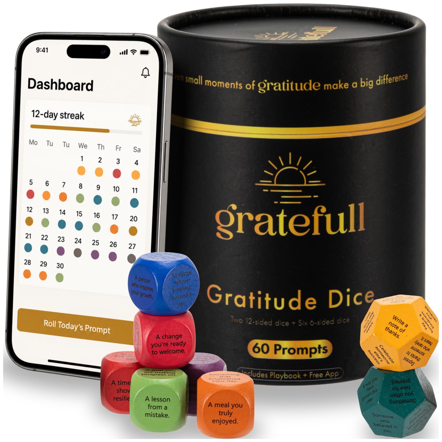 Gratitude Dice Set with Companion Journal App - 8 Wooden Dice, 60 Reflection Prompts &amp; Playbook - 5 Minute Daily Mindfulness, Self Care &amp; Conversation Starter Gift for Women, Men, Couples, Family