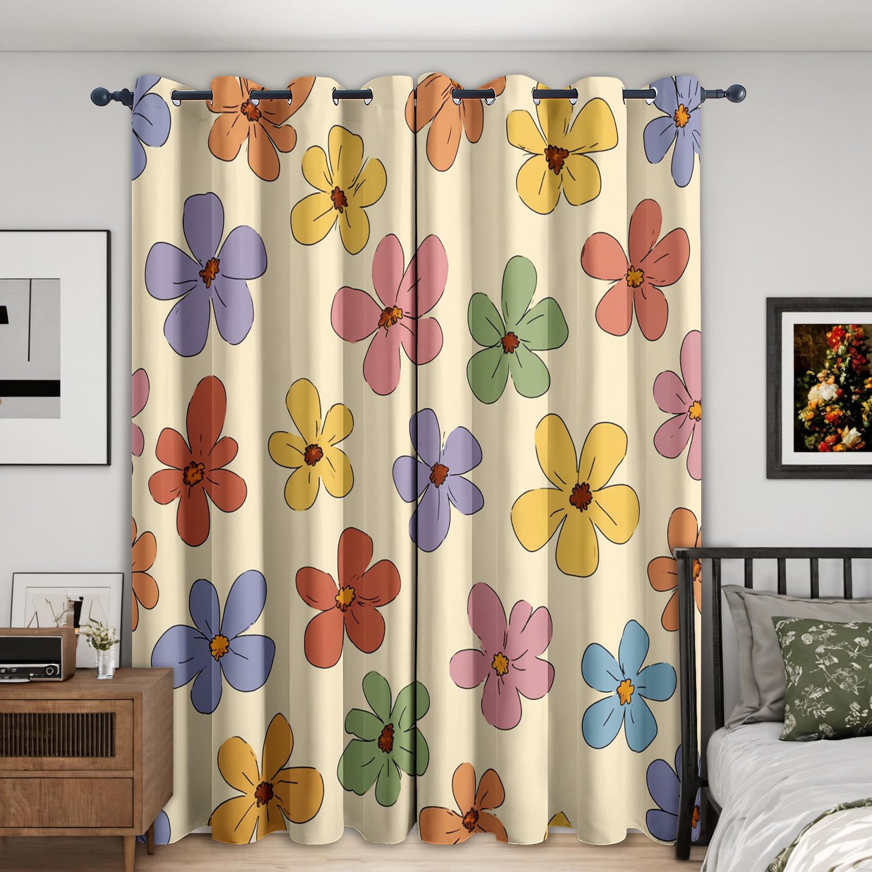 Gänseblümchen Vorhänge Mit ösen Blickdicht, Niedlich Retro 70er Jahre Bunt Blumen Vorhang Schlafzimmer Wohnzimmer Küche 140 x 245 cm Lang, Übergardinen Innen Verdunklungsvorhänge