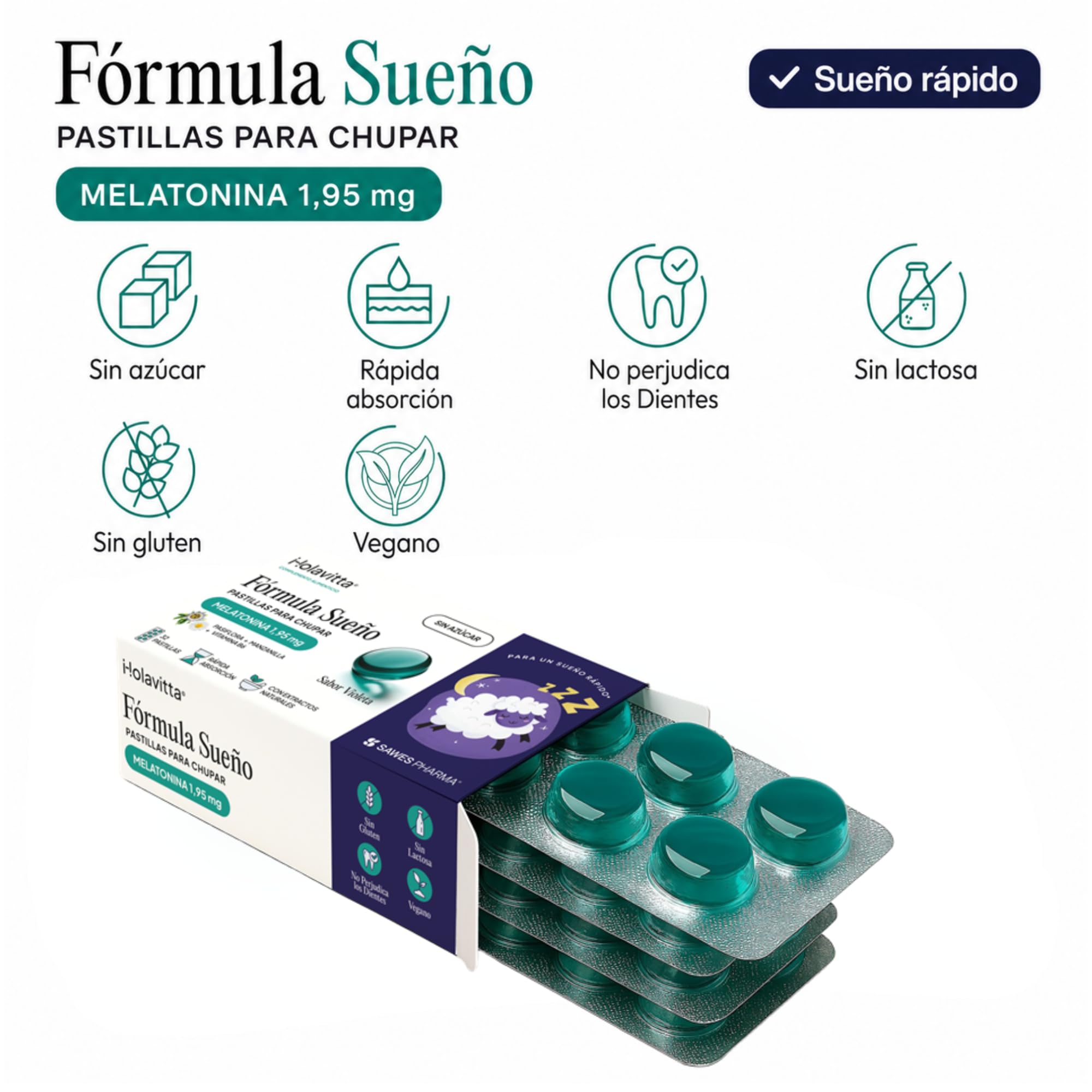 Fórmula Sueño con Melatonina 1,95 Gr, Pasiflora y Manzanilla sin Azúcar Sabor Violeta Descanso Natural y Bienestar Nocturno 32 Pastillas