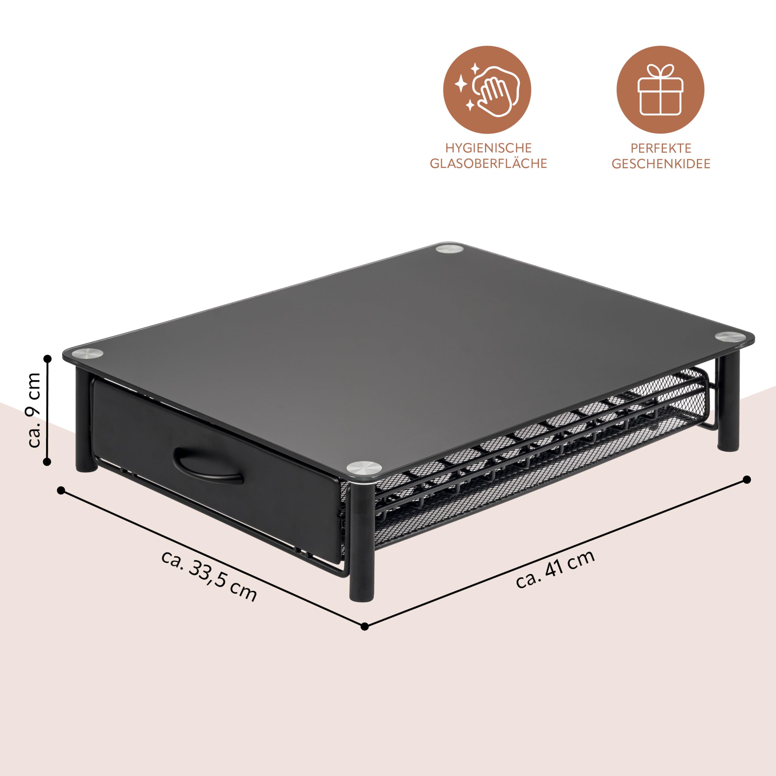eluno Kapselhalter für 40x Nespresso Vertuo, Schubladenbox, Glas-Maschinenständer Metall und Glasplatte, Kaffeekapselbox, Kapselspender ca. 33,5 x 9 x 41 cm (B/H/T) (schwarz)