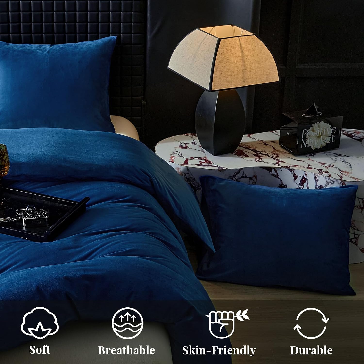 WARMDERN Navy Blue Flannel Velvet Duvet Cover Queen Size, 3-Piece image 5
