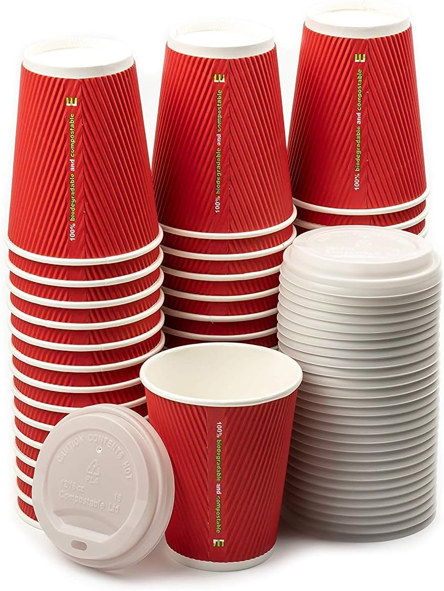 12 Oz Compostable Insulated Paper Coffee Cups with Plant-Based Lids, 50 pcs - Triple Layer Rippled Cups, no Need for Sleeves, for hot and Cold Drinks