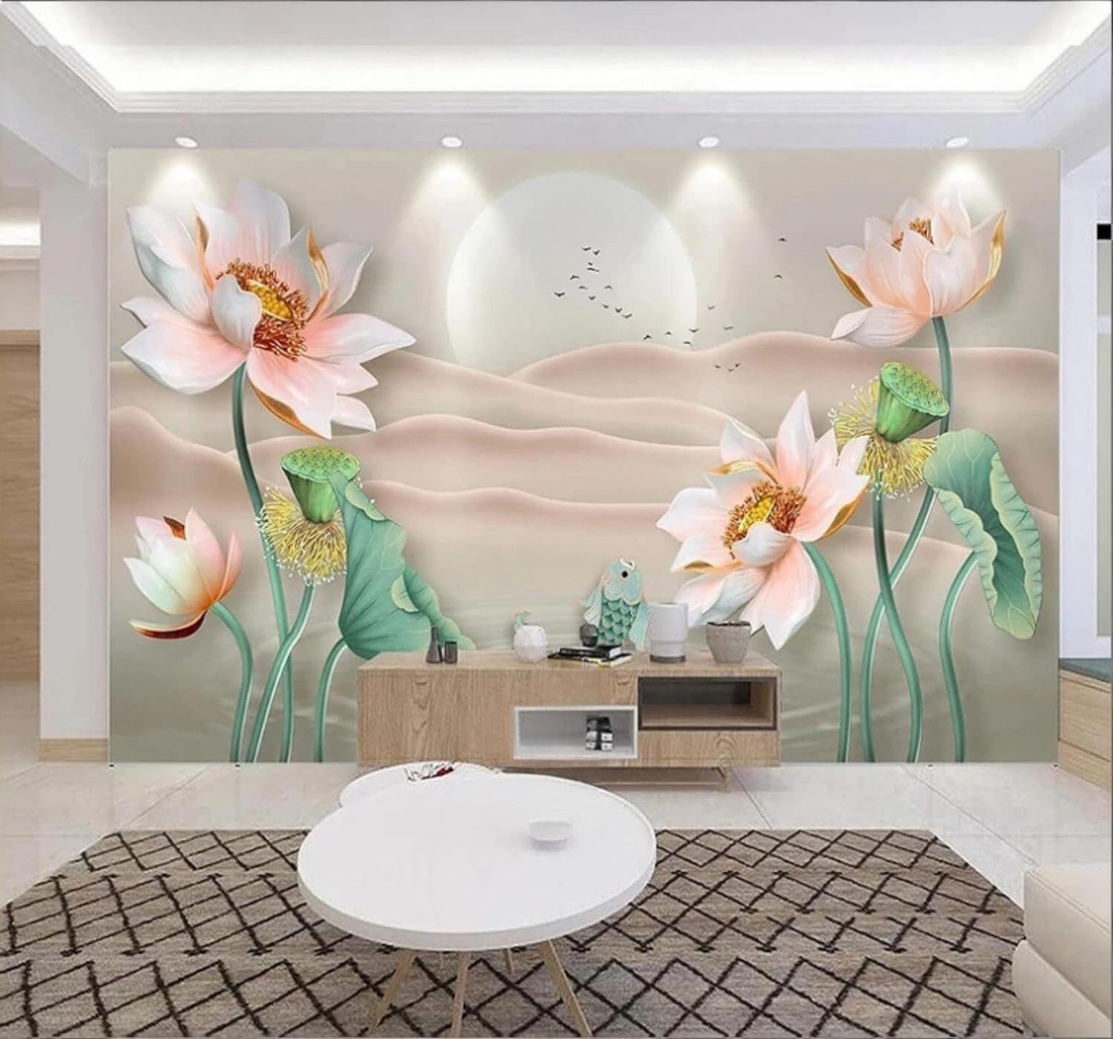 XLMING Beautiful Pink Lotus Small Fish Landscape 3D Wallpaper Luxury Silk Study Dining Feature Sofa Grey Bedroom Living Room Tv Decorative Wall-430cm×300cm